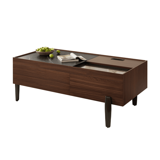 Mesa de centro moderna com gavetas e tampo de vidro - Design em madeira em tom castanho escuro com veios estilo mármore, pernas metálicas, grande capacidade de arrumação