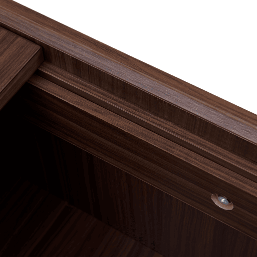 Mesa de centro moderna com gavetas e tampo de vidro - Design em madeira em tom castanho escuro com veios estilo mármore, pernas metálicas, grande capacidade de arrumação