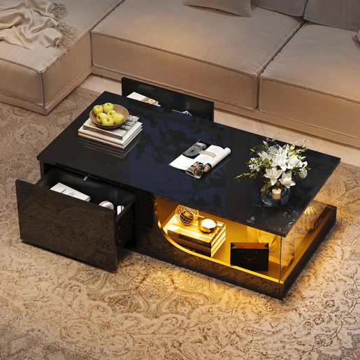 Mesa de centro 100 x 50 x 30 cm - Sofá com 2 gavetas, mesa de sala com LED e vidro temperado - Preto