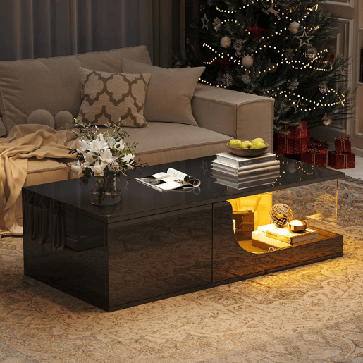 Mesa de centro 100 x 50 x 30 cm - Sofá com 2 gavetas, mesa de sala com LED e vidro temperado - Preto
