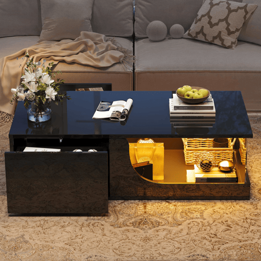 Mesa de centro 100 x 50 x 30 cm - Sofá com 2 gavetas, mesa de sala com LED e vidro temperado - Preto