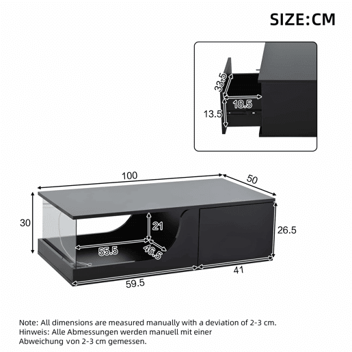 Mesa de centro 100 x 50 x 30 cm - Sofá com 2 gavetas, mesa de sala com LED e vidro temperado - Preto