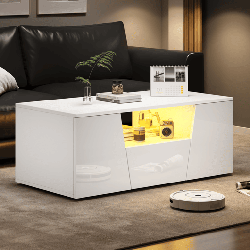 Mesa de centro 100x50x40 cm - Sofá com LED, 2 armários, 1 gaveta, design irregular - Branco