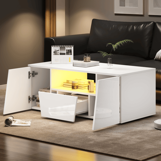 Mesa de centro 100x50x40 cm - Sofá com LED, 2 armários, 1 gaveta, design irregular - Branco