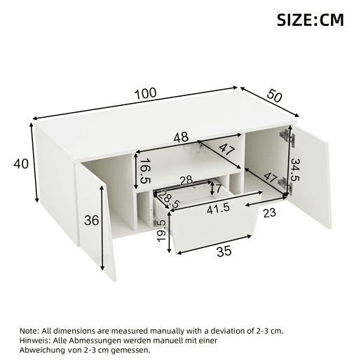 Mesa de centro 100x50x40 cm - Sofá com LED, 2 armários, 1 gaveta, design irregular - Branco