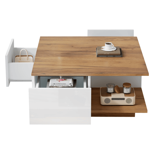 Mesa de centro 70x70x31,5 cm - Com 3 gavetas, design geométrico, alto brilho - Branco + Madeira original Mesa de centro 70x70x31,5 cm - Com 3 gavetas, design geométrico, alto brilho - Branco + Madeira original