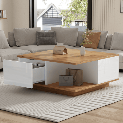 Mesa de centro 70x70x31,5 cm - Com 3 gavetas, design geométrico, alto brilho - Branco + Madeira original Mesa de centro 70x70x31,5 cm - Com 3 gavetas, design geométrico, alto brilho - Branco + Madeira original