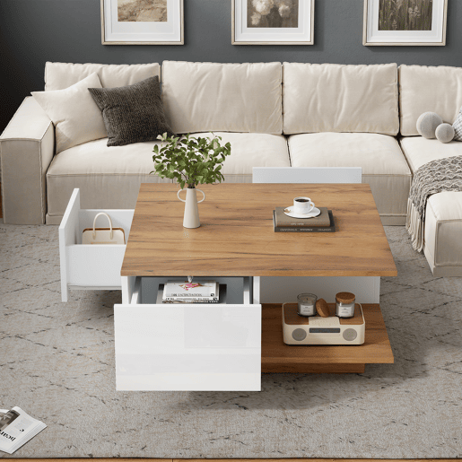 Mesa de centro 70x70x31,5 cm - Com 3 gavetas, design geométrico, alto brilho - Branco + Madeira original Mesa de centro 70x70x31,5 cm - Com 3 gavetas, design geométrico, alto brilho - Branco + Madeira original