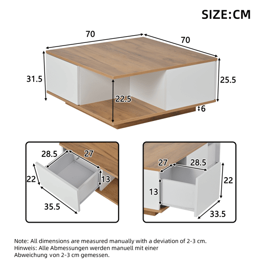 Mesa de centro 70x70x31,5 cm - Com 3 gavetas, design geométrico, alto brilho - Branco + Madeira original Mesa de centro 70x70x31,5 cm - Com 3 gavetas, design geométrico, alto brilho - Branco + Madeira original