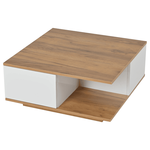 Mesa de centro 70x70x31,5 cm - Com 3 gavetas, design geométrico, alto brilho - Branco + Madeira original Mesa de centro 70x70x31,5 cm - Com 3 gavetas, design geométrico, alto brilho - Branco + Madeira original
