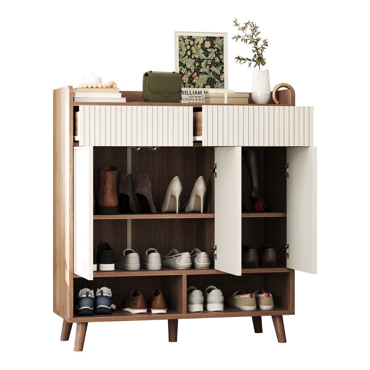Zapatero de mdf con 3 puertas,natural+blanco