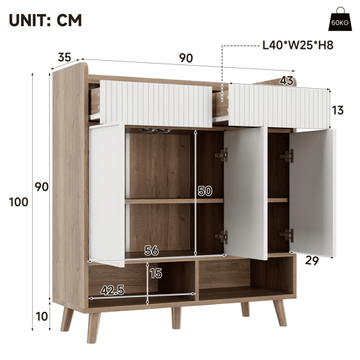 Sapateira de mdf com 3 portas,natural+branco