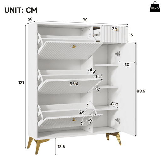 Sapateira de painel de partículas com 1 porta e 3 tabuleiros,branco