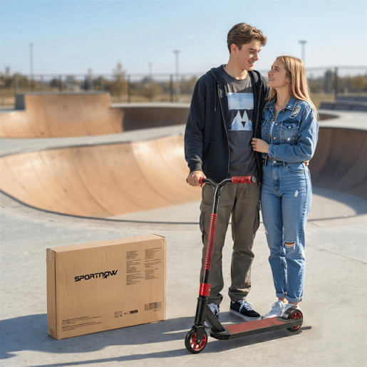 SPORTNOW Trotinete Acrobática Trotinete Freestyle com Guiador 360° Rolamentos ABEC-9 Rodas de PU de 120 mm Estrutura de Alumínio Aço Antiderrapante para Adolescentes Adultos para Skatepark 66x47x81 cm Vermelho
