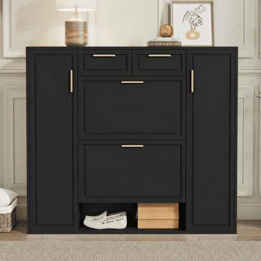 Sapateira de painel de partículas com 2 portas e 2 tabuleiros,preto
