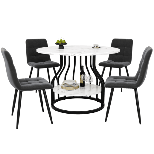 Conjunto de mesa e cadeiras 5 peças 80 cm - Mesa redonda, pernas metálicas pretas, cadeiras de veludo cinzento