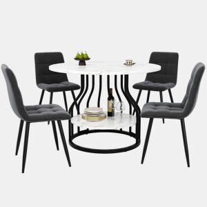 Conjunto de mesa e cadeiras 5 peças 80 cm - Mesa redonda, pernas metálicas pretas, cadeiras de veludo cinzento