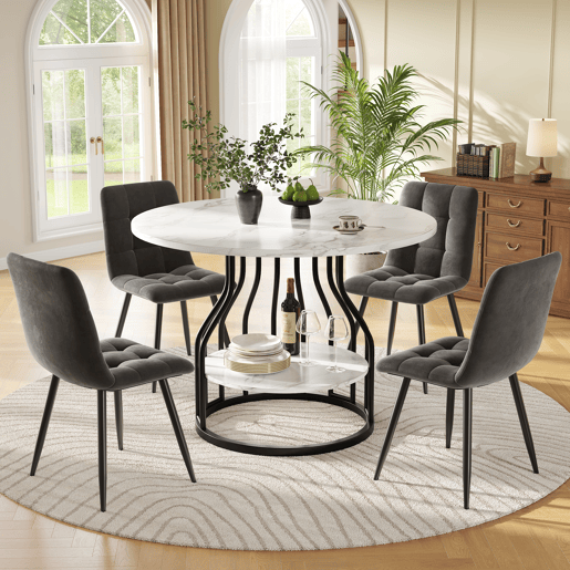 Conjunto de mesa e cadeiras 5 peças 80 cm - Mesa redonda, pernas metálicas pretas, cadeiras de veludo cinzento