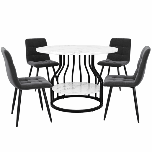 Conjunto de mesa e cadeiras 5 peças 80 cm - Mesa redonda, pernas metálicas pretas, cadeiras de veludo cinzento