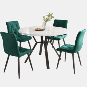 Conjunto de sala de jantar de 5 peças - Mesa redonda de mármore com 4 cadeiras ergonómicas de couro verde - Preto, Branco