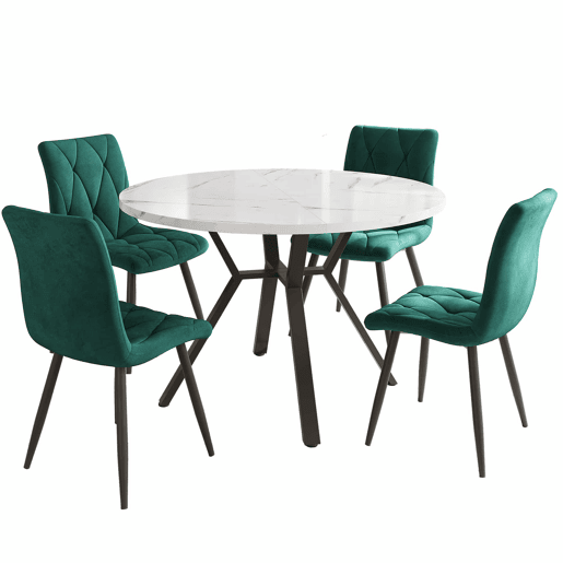 Conjunto de sala de jantar de 5 peças - Mesa redonda de mármore com 4 cadeiras ergonómicas de couro verde - Preto, Branco