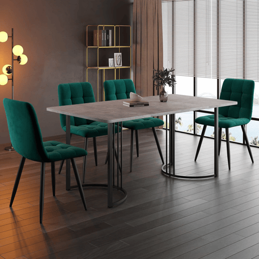 Conjunto de sala de jantar de 5 peças 140×80 cm - Mesa com 4 cadeiras, pernas metálicas pretas, tampo em MDF cinzento, cadeiras em veludo verde escuro Conjunto de sala de jantar de 5 peças 140×80 cm - Mesa com 4 cadeiras, pernas metálicas pretas, tampo em MDF cinzento, cadeiras em veludo verde escuro