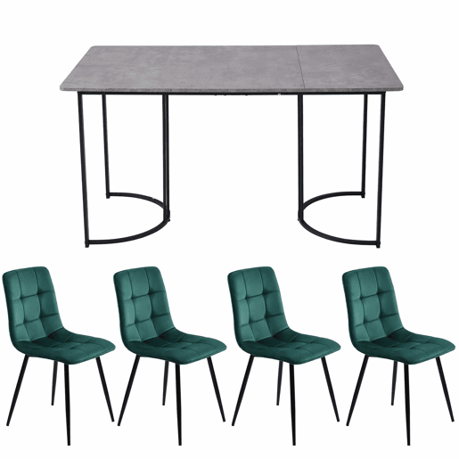 Conjunto de sala de jantar de 5 peças 140×80 cm - Mesa com 4 cadeiras, pernas metálicas pretas, tampo em MDF cinzento, cadeiras em veludo verde escuro Conjunto de sala de jantar de 5 peças 140×80 cm - Mesa com 4 cadeiras, pernas metálicas pretas, tampo em MDF cinzento, cadeiras em veludo verde escuro