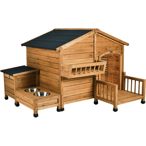 Casinha de madeira para cães Rusty com manjedoura e caixa de arrumação - 151 x 138 x 100 cm - Castanho
