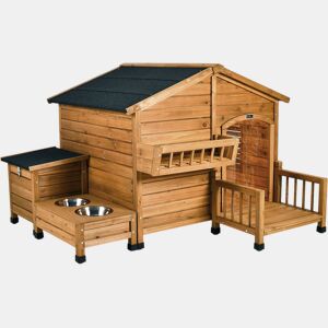 Casinha de madeira para cães Rusty com manjedoura e caixa de arrumação - 151 x 138 x 100 cm - Castanho