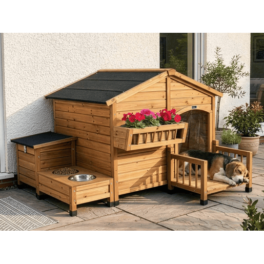 Casinha de madeira para cães Rusty com manjedoura e caixa de arrumação - 151 x 138 x 100 cm - Castanho