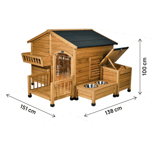 Casinha de madeira para cães Rusty com manjedoura e caixa de arrumação - 151 x 138 x 100 cm - Castanho