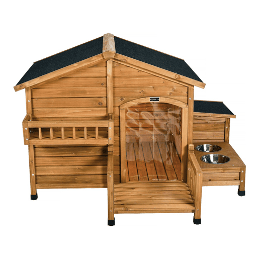 Casinha de madeira para cães Rusty com manjedoura e caixa de arrumação - 151 x 138 x 100 cm - Castanho