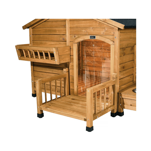 Casinha de madeira para cães Rusty com manjedoura e caixa de arrumação - 151 x 138 x 100 cm - Castanho