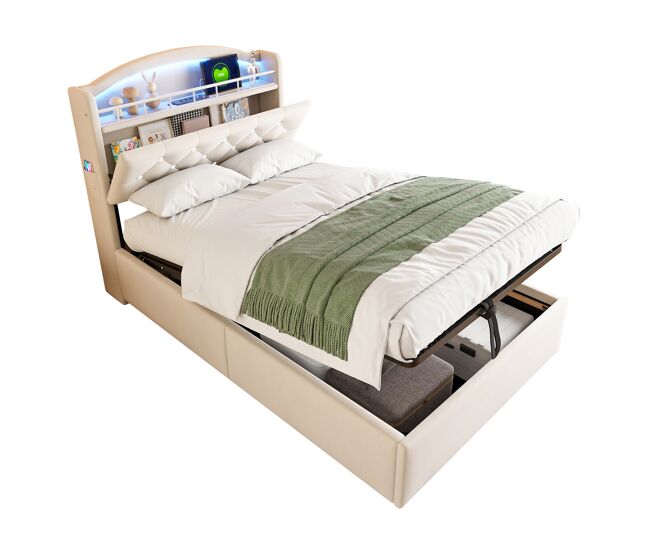 Cama infantil,cama individual de terciopelo 90x200 cm con almacenaje y luz led,beige
