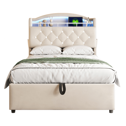 Cama de criança,cama de solteiro de veludo 90x200 cm com armazenamento e luz led,bege