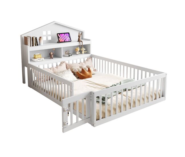 Cama infantil,cama de matrimonio de madera maciza 140x200 cm,blanco