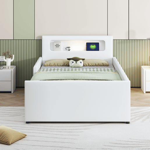 Cama de criança,cama de solteiro de couro sintético 90x200 cm,branco