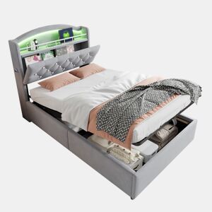 Cama de criança,cama de solteiro de veludo 90x200 cm com armazenamento e luz led,cinza