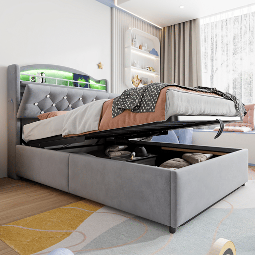 Cama de criança,cama de solteiro de veludo 90x200 cm com armazenamento e luz led,cinza