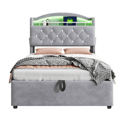 Cama de criança,cama de solteiro de veludo 90x200 cm com armazenamento e luz led,cinza