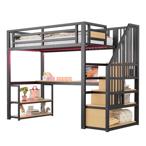 Cama de criança,cama alta de metal 90x200 cm com luz led,preto