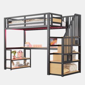 Cama de criança,cama alta de metal 90x200 cm com luz led,preto