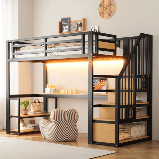 Cama de criança,cama alta de metal 90x200 cm com luz led,preto