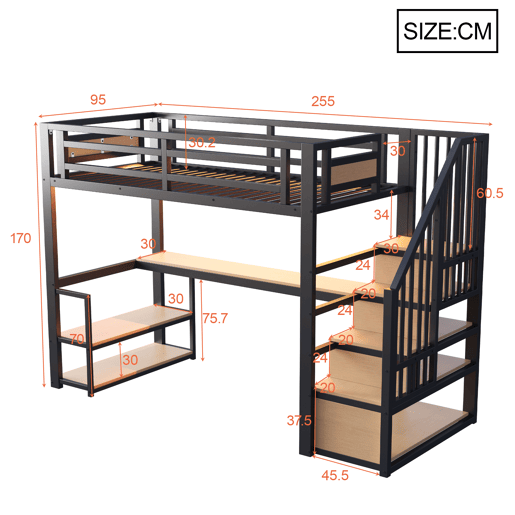 Cama de criança,cama alta de metal 90x200 cm com luz led,preto