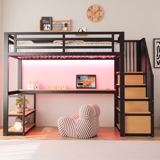 Cama de criança,cama alta de metal 90x200 cm com luz led,preto