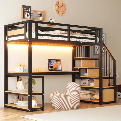 Cama de criança,cama alta de metal 90x200 cm com luz led,preto