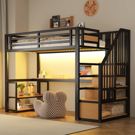 Cama de criança,cama alta de metal 90x200 cm com luz led,preto
