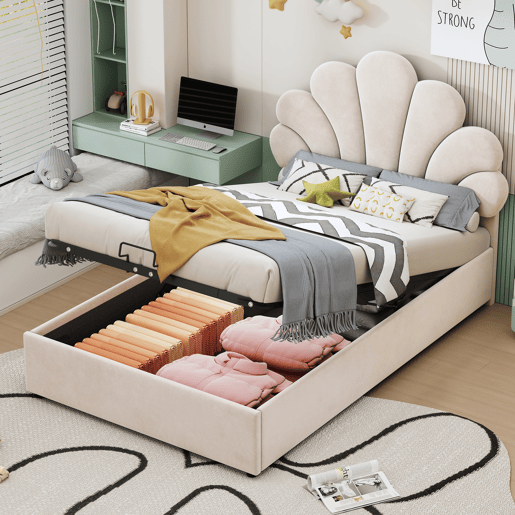 Cama de criança,cama de solteiro de veludo 90x200 cm com armazenamento,bege