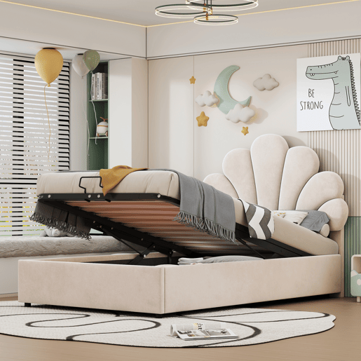 Cama de criança,cama de solteiro de veludo 90x200 cm com armazenamento,bege