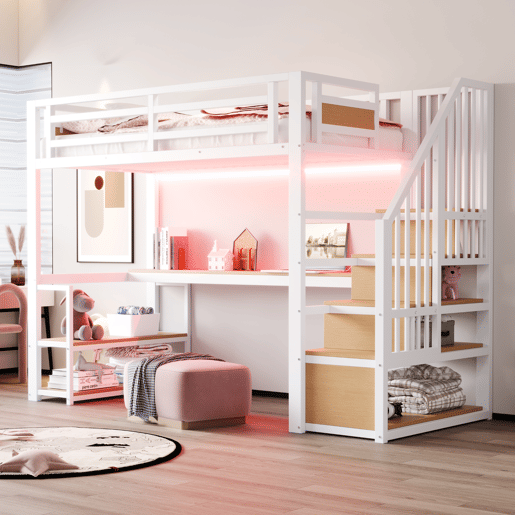 Cama de criança,cama alta de metal 90x200 cm com luz led,branco